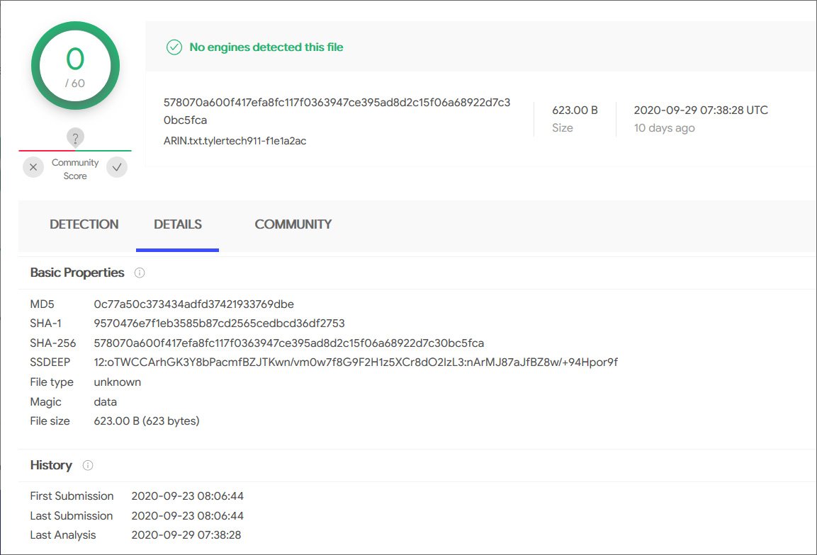 Encrypted Tyler Technologies file on VirusTotal